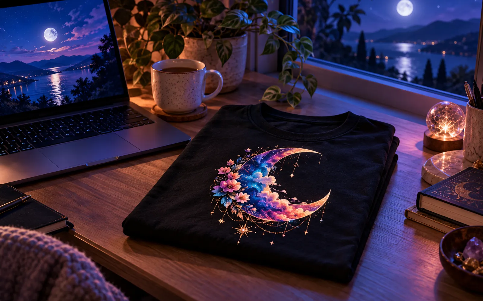 T-shirt, tote bag et mug imprimés posés sur un plan de travail, éclairés par une lumière de nuit bleutée