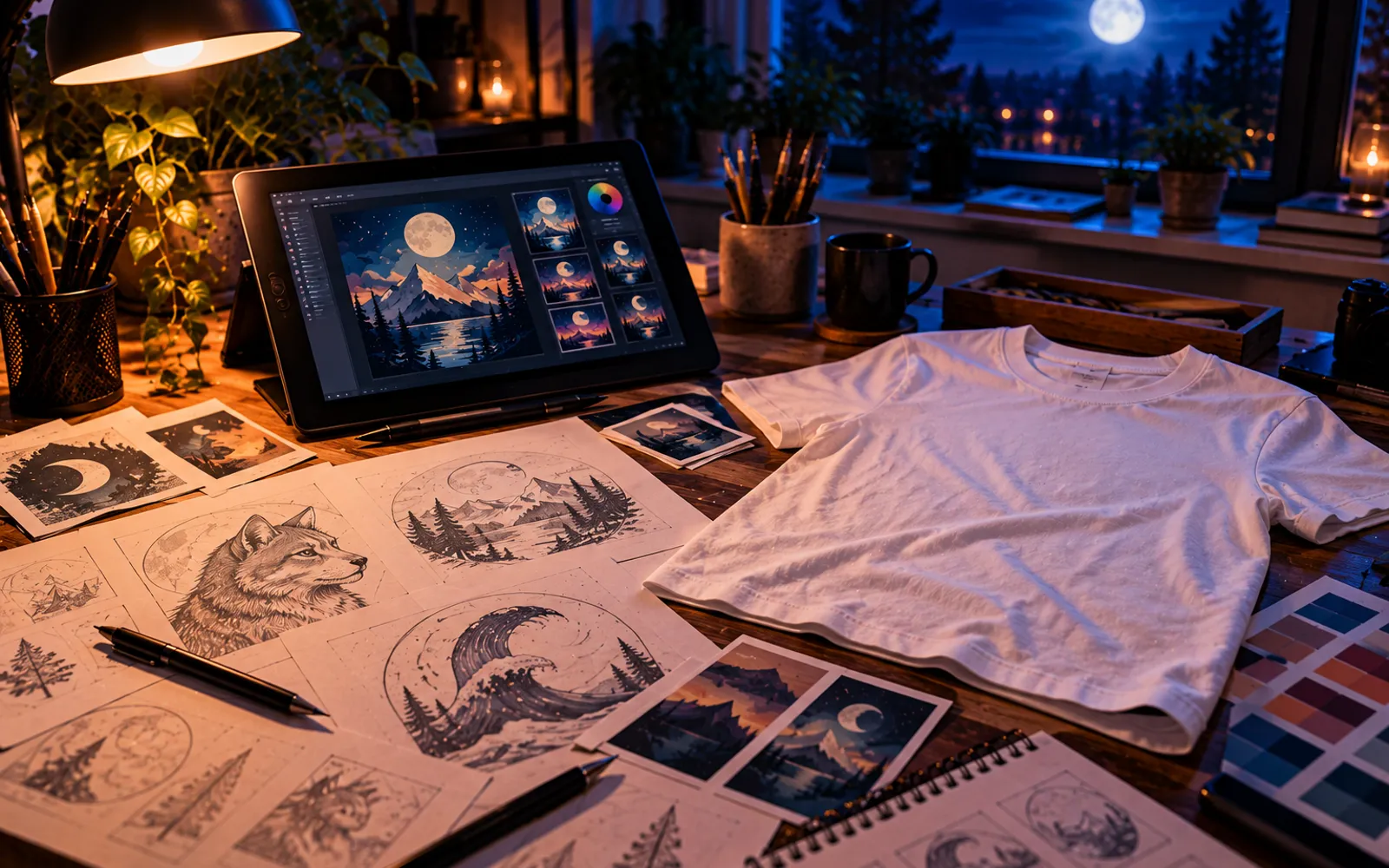 Bureau de créateur avec tablette graphique, croquis de motifs et t-shirt blanc