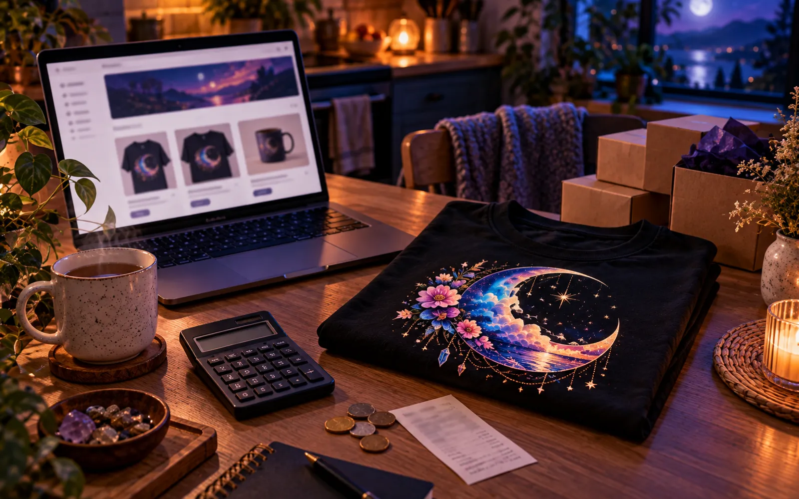 T-shirt plié, calculatrice et quelques pièces sur un bureau éclairé d'une lumière bleutée