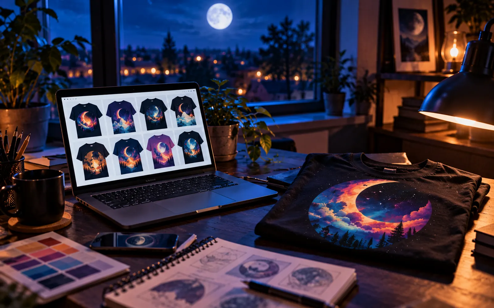 Bureau de nuit éclairé par la lune, avec un ordinateur portable et un t-shirt imprimé d'une illustration lunaire