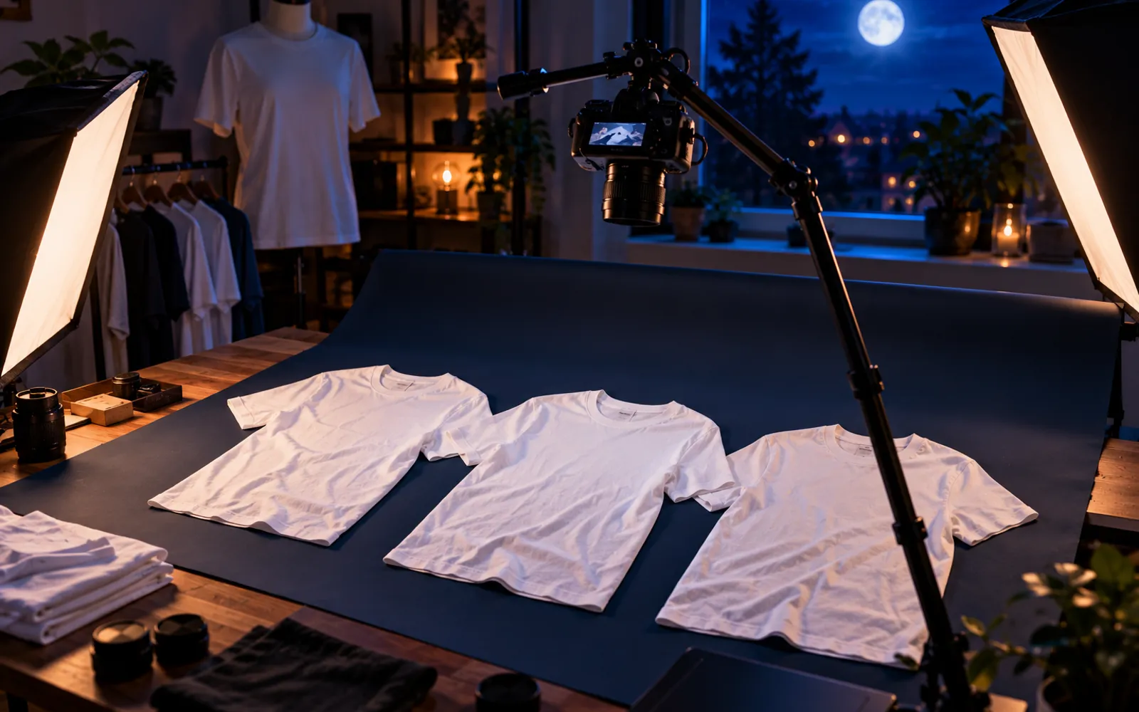 T-shirts blancs posés à plat sur un fond bleu nuit, prêts à être photographiés