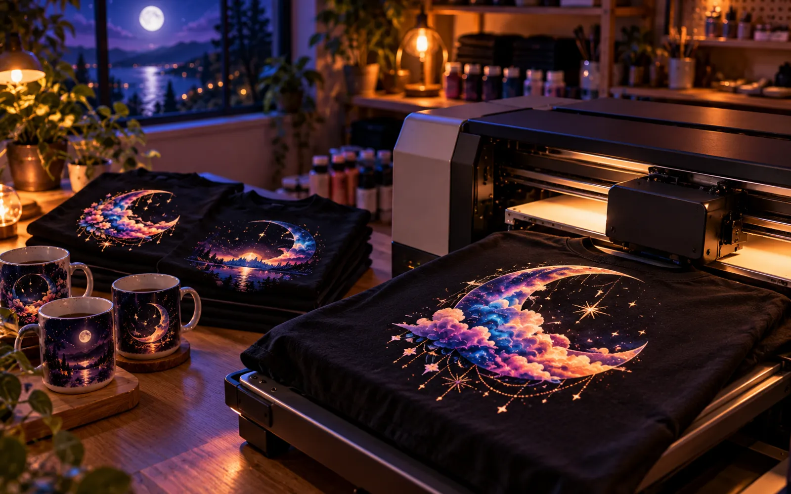 Imprimante textile en train d'imprimer un motif coloré sur un t-shirt blanc dans un petit atelier