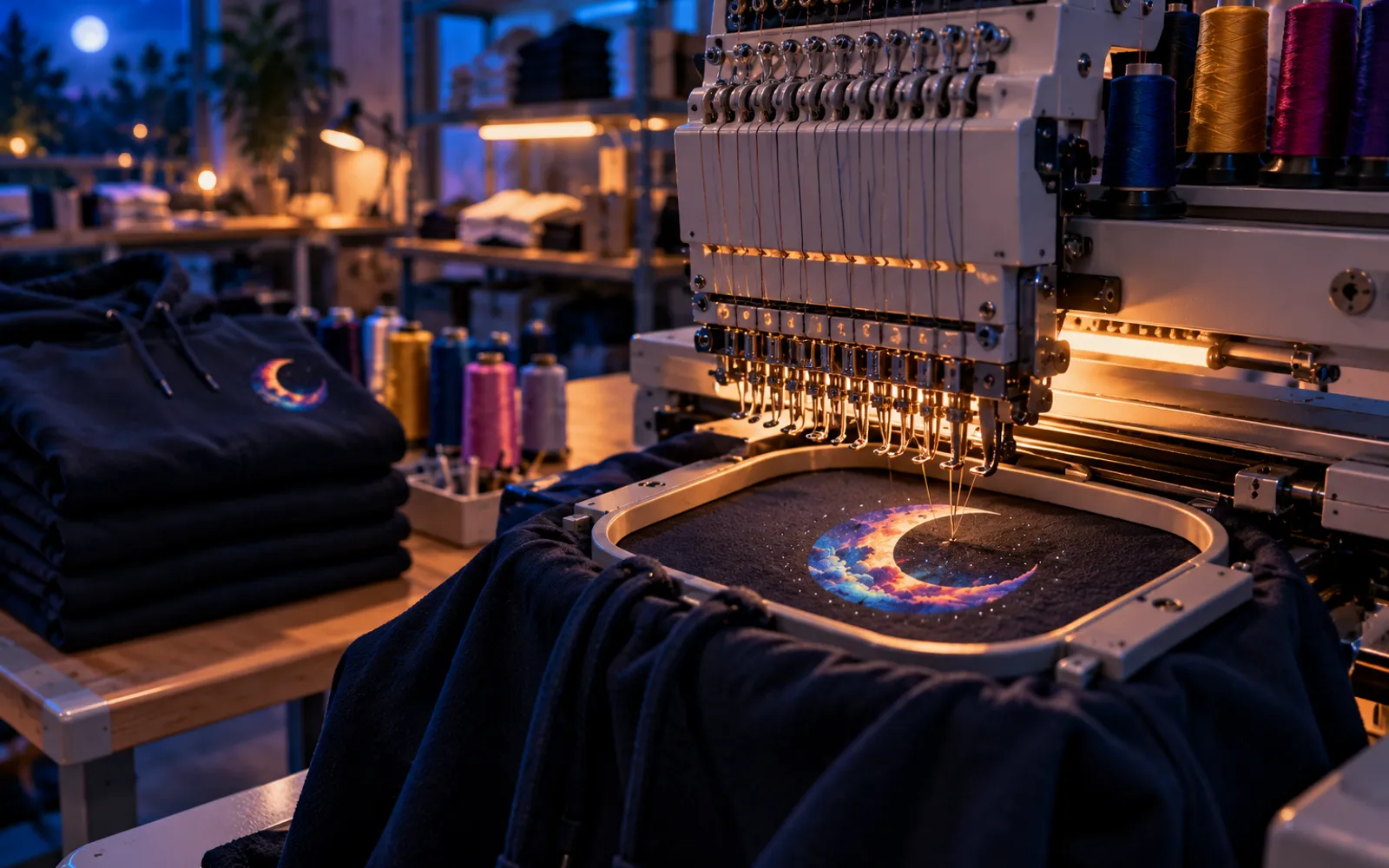 T-shirts imprimés suspendus sur des cintres dans un atelier de production